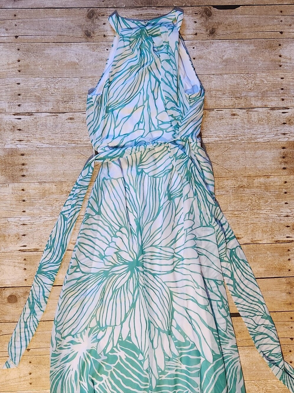 R&K Seafoam and White Floral Halter Maxi Dress